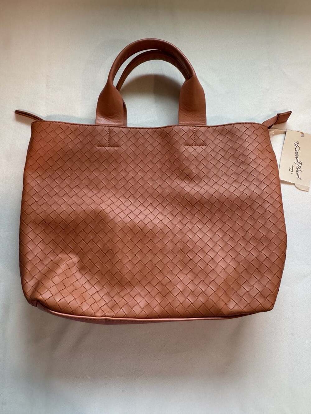 Woven Faux Leather Convertible Tote Satchel Crossbody Cognac Brown NWT